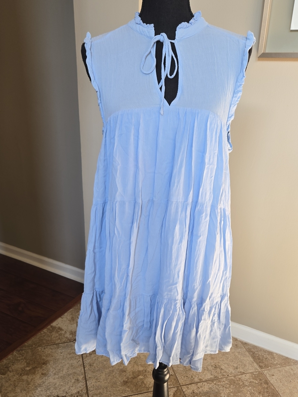 Light Blue High Low Women's Dress with Ruffled Tie Neck